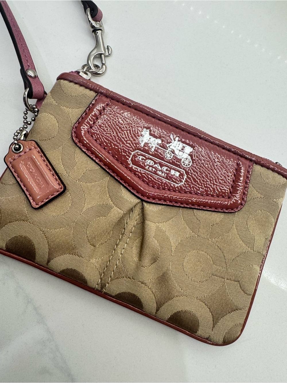 Coach Tan Signature Canvas Wristlet with Burgundy Trim - Picture 4 of 4